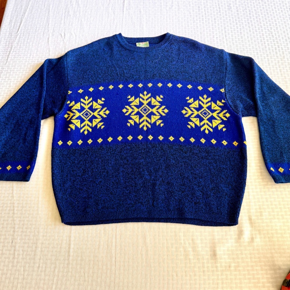 Vintage Benetton Italy Snowflake Wool Alpaca Sweater Blue Yellow Large 52
